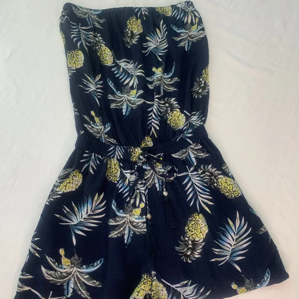 Navy blue island Tropical‎ Pineapple Palm Strapless Romper Cover-up with Pockets